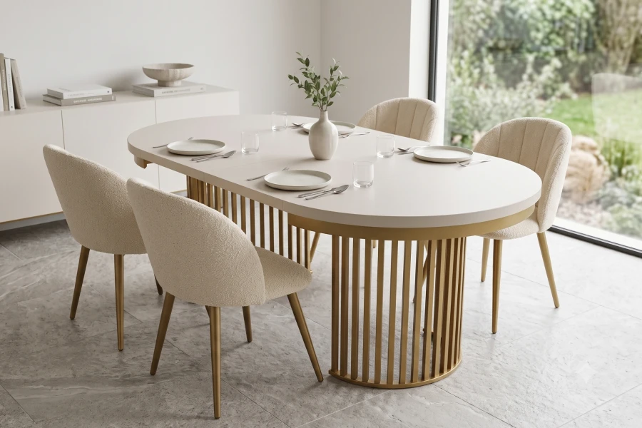 Moderner ovaler Esstisch beige mit goldenem Lamellen-Gestell und Bouclé-Stühlen.