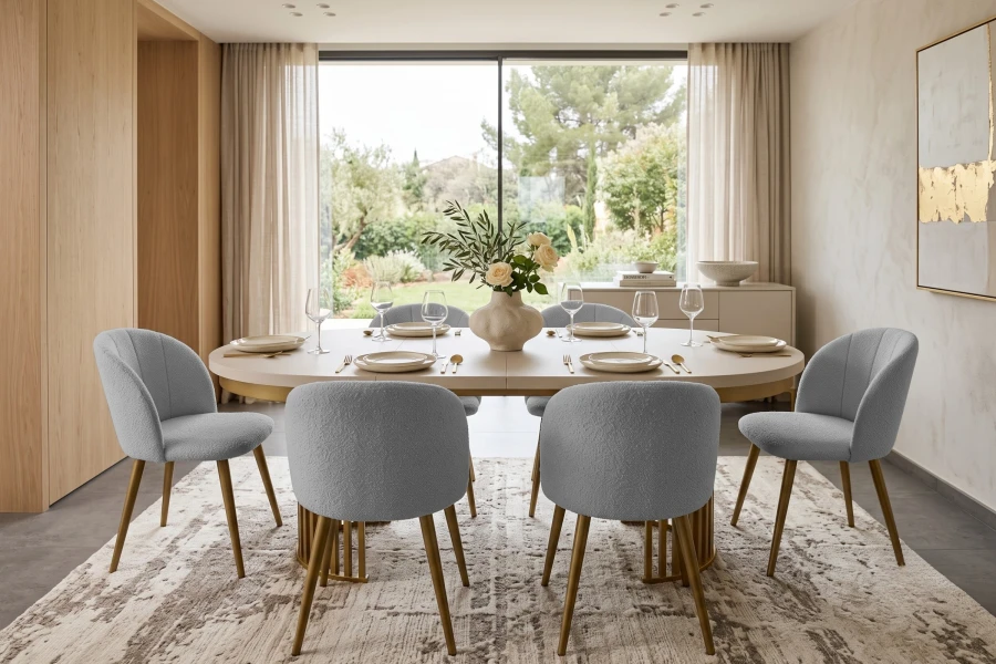 Großer ovaler Esstisch im hellen Esszimmer mit grauen Bouclé-Stühlen.