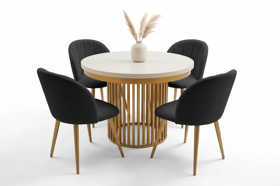 Runder Esstisch in Beige und Gold mit vier passenden dunkelgrauen Polsterstühlen.