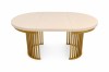 Moderner ovaler Esstisch in Creme und Gold, Vorderansicht.