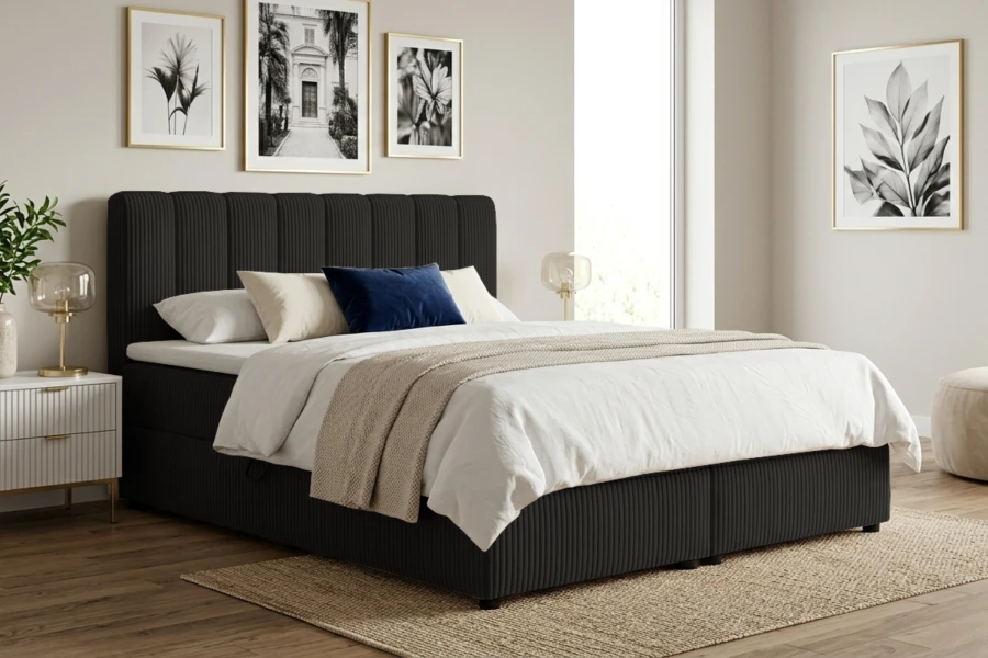 Modernes Boxspringbett in Schwarz mit Cord-Optik in einem hellen Schlafzimmer.