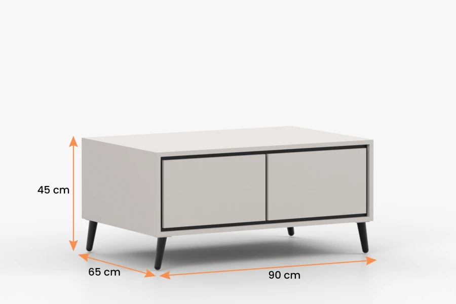 Couchtisch Maße: 90 cm Breite, 45 cm Höhe und 65 cm Tiefe.