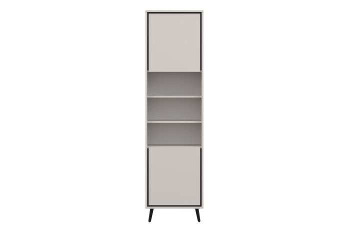 Frontansicht einer minimalistischen beigen Vitrine mit schwarzen Akzenten.