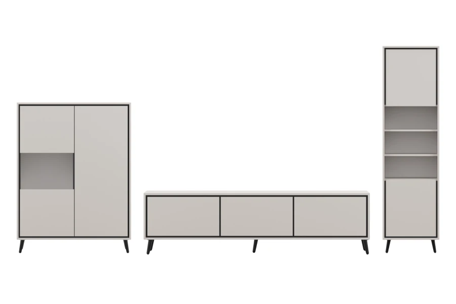 Dreiteiliges beiges Möbel-Set bestehend aus Highboard, TV-Unterschrank und hoher Vitrine.