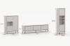 Maßangaben für das Fresso Möbel-Set: Barschrank, langes TV-Board und schmale Vitrine.