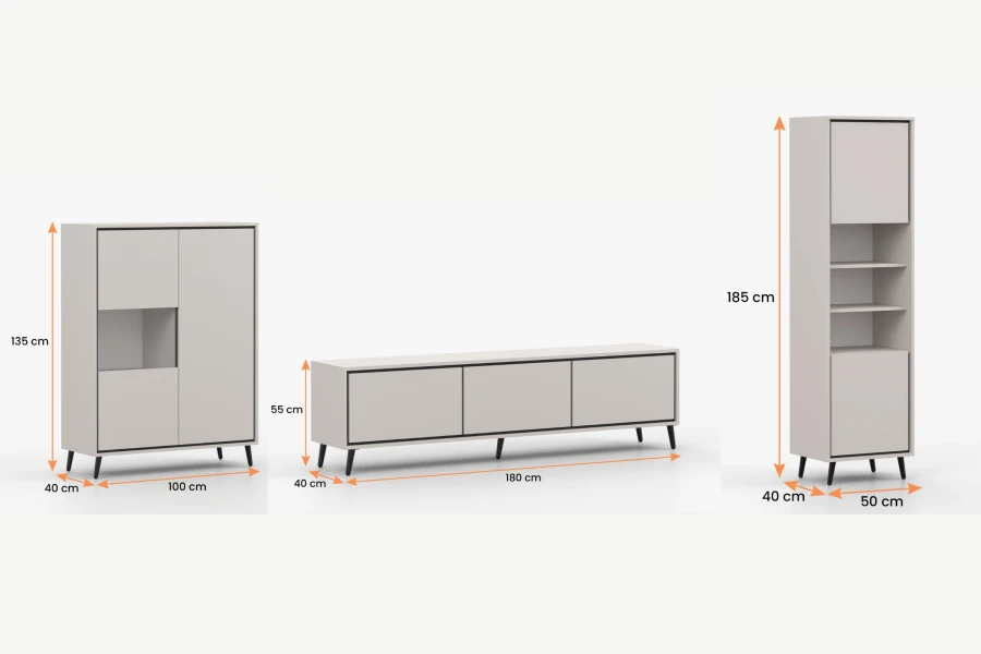 Maßangaben für das Fresso Möbel-Set: Barschrank, langes TV-Board und schmale Vitrine.