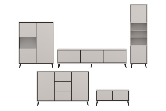 Elegantes Wohnzimmer-Möbel-Set der Fresso Kollektion in Beige und Schwarz auf weißem Hintergrund.