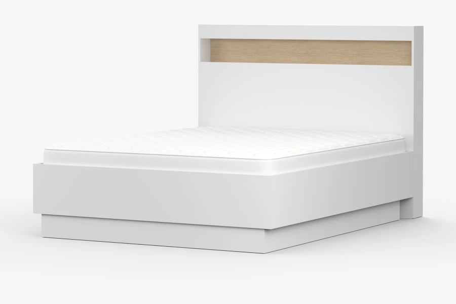 Perspektivische Ansicht des modernen weißen Bettgestells Savi für Schlafzimmer.