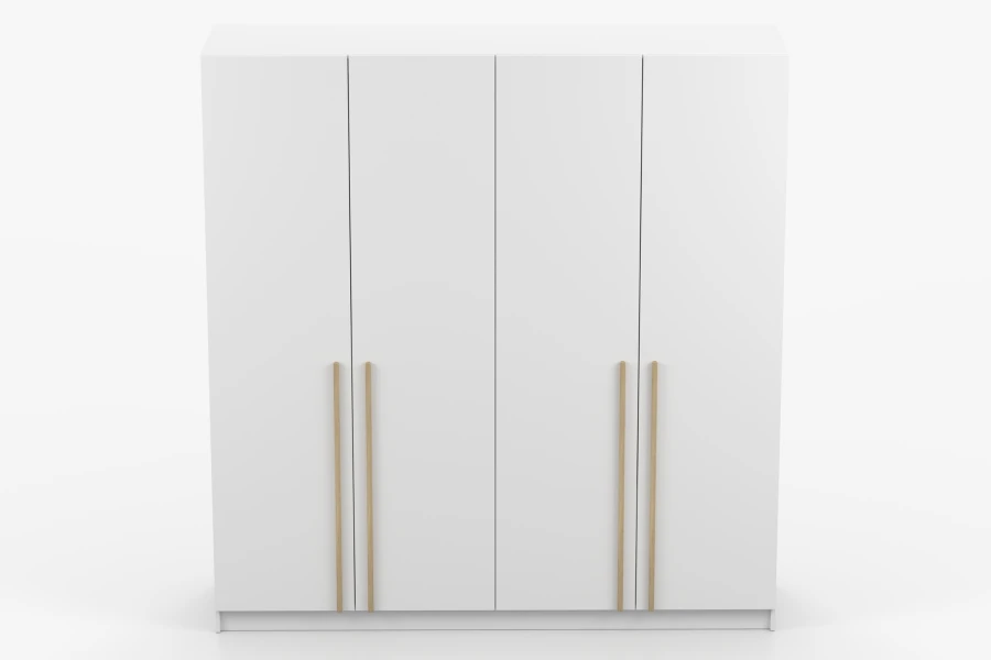 Frontansicht eines minimalistischen weißen Kleiderschranks mit 4 Türen und Holzgriffen.