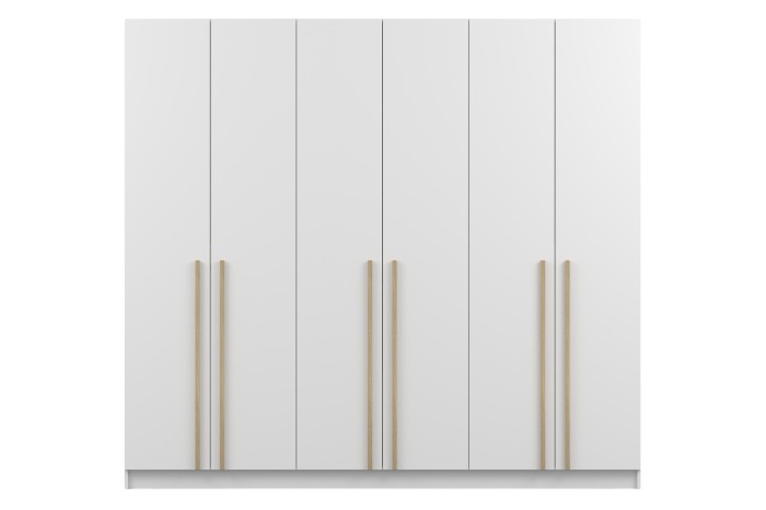 Großer 6-türiger Kleiderschrank in Weiß mit eleganten vertikalen Holzgriffen, Frontansicht.