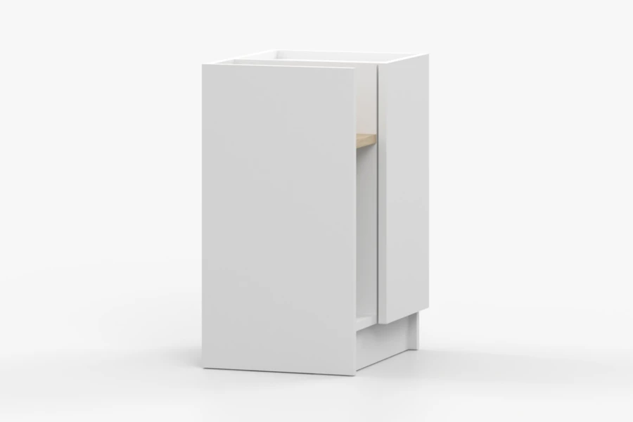 Seitenansicht des kleinen weißen Beistellschranks in minimalistischer, moderner Optik.