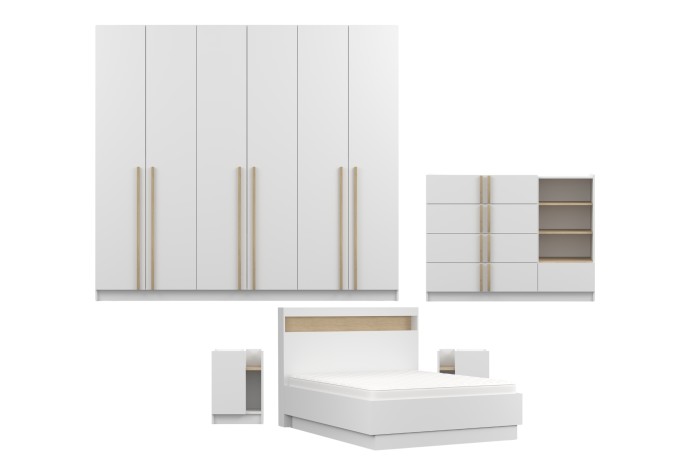 Savi Schlafzimmer-Kollektion in Weiß: 6-türiger Kleiderschrank, Doppelbett und Kombikommode.