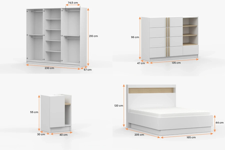 Detaillierte Maße für Kleiderschrank, Kommode, Bett und Nachtschrank.