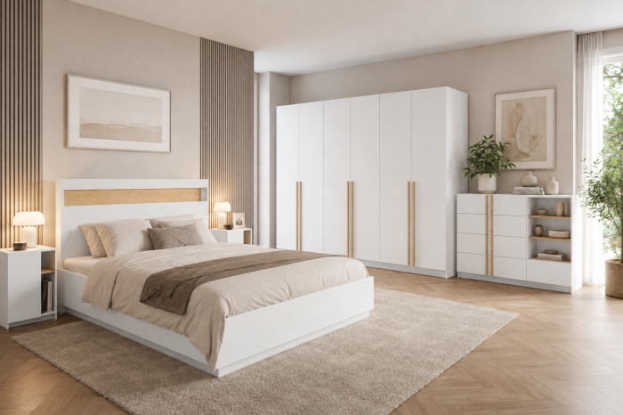 Modernes Schlafzimmer-Set SAVI in Weiß und Eiche mit Doppelbett.