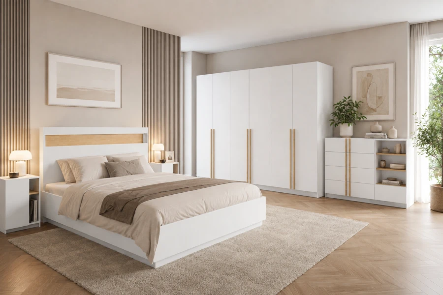 Modernes Schlafzimmer-Set SAVI in Weiß und Eiche mit Doppelbett.