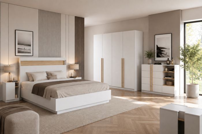 Modernes Schlafzimmer-Set in Weiß mit Holzakzenten, inklusive Bett, Kleiderschrank und Kommode.