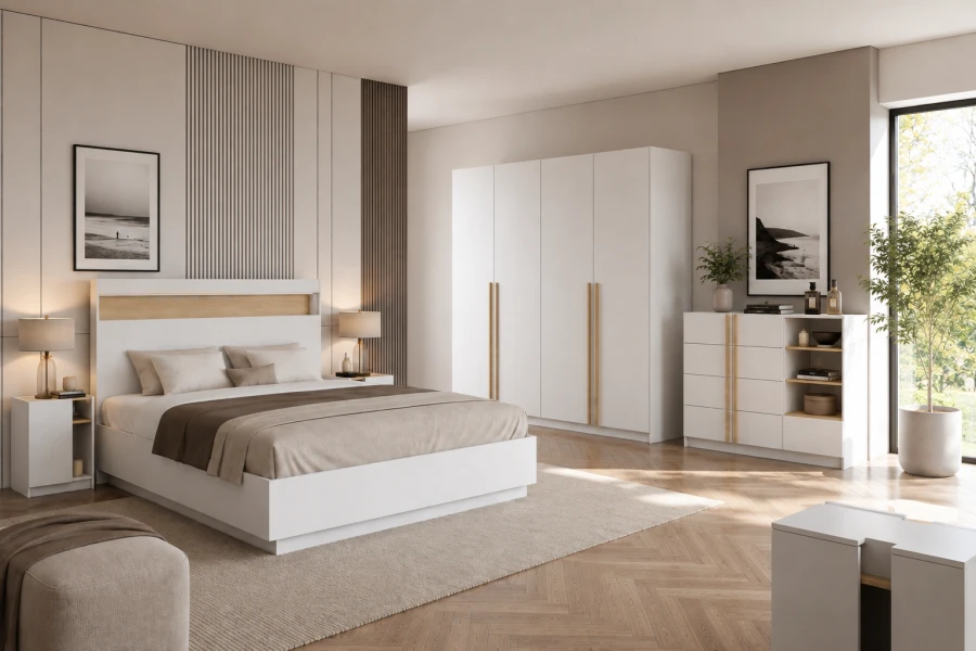 Modernes Schlafzimmer-Set in Weiß mit Holzakzenten, inklusive Bett, Kleiderschrank und Kommode.
