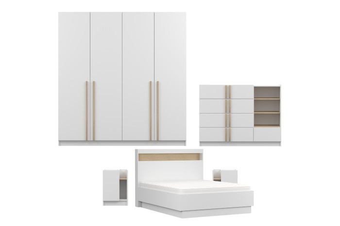 Komplettes Schlafzimmer-Möbelset: weißer Kleiderschrank, Kommode und Doppelbett mit Nachttischen.
