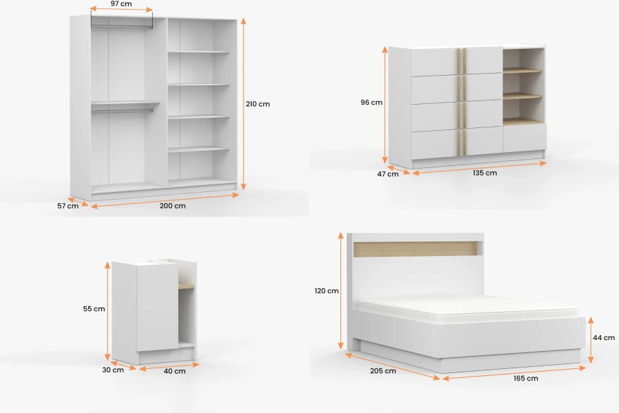 Detaillierte Maße für Kleiderschrank, Kommode, Bett und Nachttisch der SAVI Schlafzimmer-Serie.