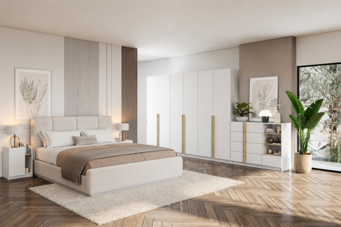Komplette Schlafzimmereinrichtung SAVI mit weißem Bett, Schrank und Kommode.
