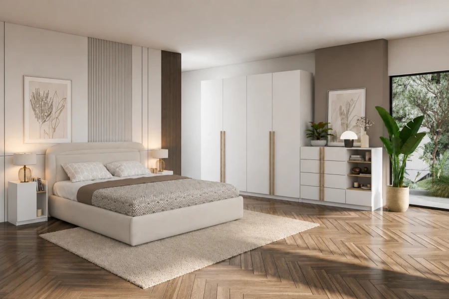 Modernes Schlafzimmer-Set in Weiß und Eiche mit Kleiderschrank, Kommode und Bett.