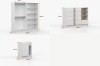 Maßangaben für 4-türigen Kleiderschrank, Kommode und Nachttisch in Weiß.