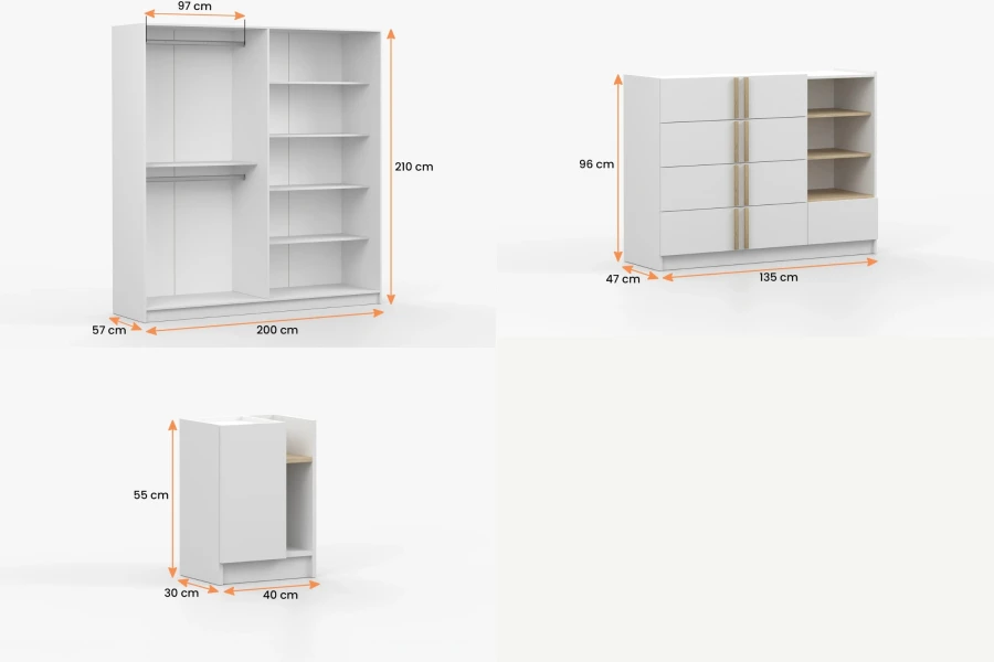 Maßangaben für 4-türigen Kleiderschrank, Kommode und Nachttisch in Weiß.
