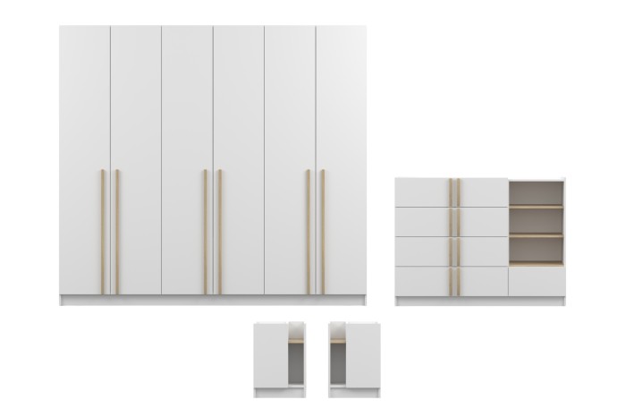 Großer 6-türiger weißer Kleiderschrank und passende Kommode mit Holzgriffen.
