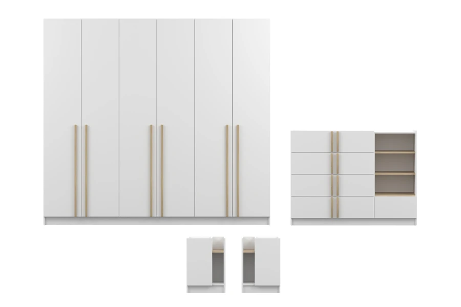 Großer 6-türiger weißer Kleiderschrank und passende Kommode mit Holzgriffen.