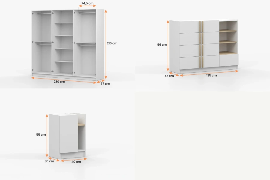 Abmessungen für großen 6-türigen Kleiderschrank, Kommode und Nachttisch.