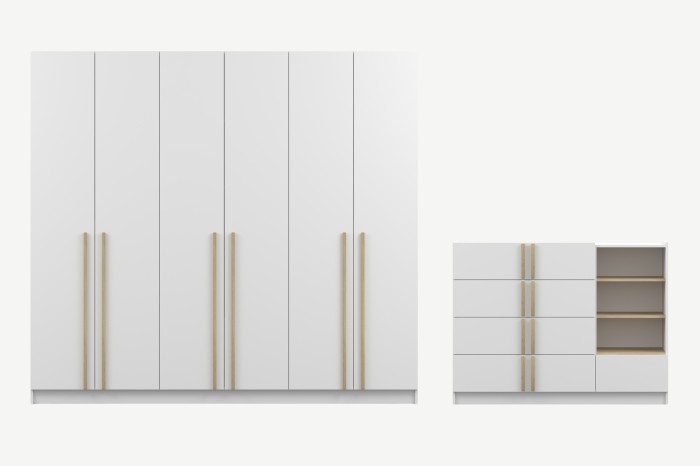 Frontansicht: 6-türiger weißer Kleiderschrank und moderne Kommode im Set.