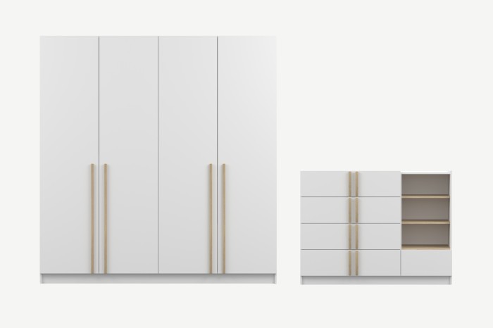 Set aus 4-türigem Kleiderschrank und Kommode mit Holzgriffen in Weiß.