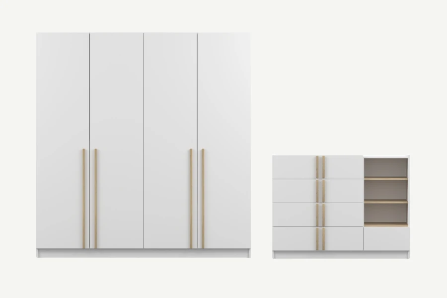 Set aus 4-türigem Kleiderschrank und Kommode mit Holzgriffen in Weiß.