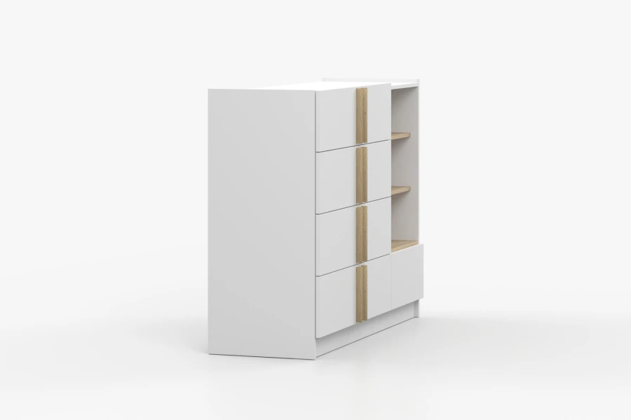 Weiße Kommode mit 4 Schubladen und offenem Regalelement, skandinavisches Design.