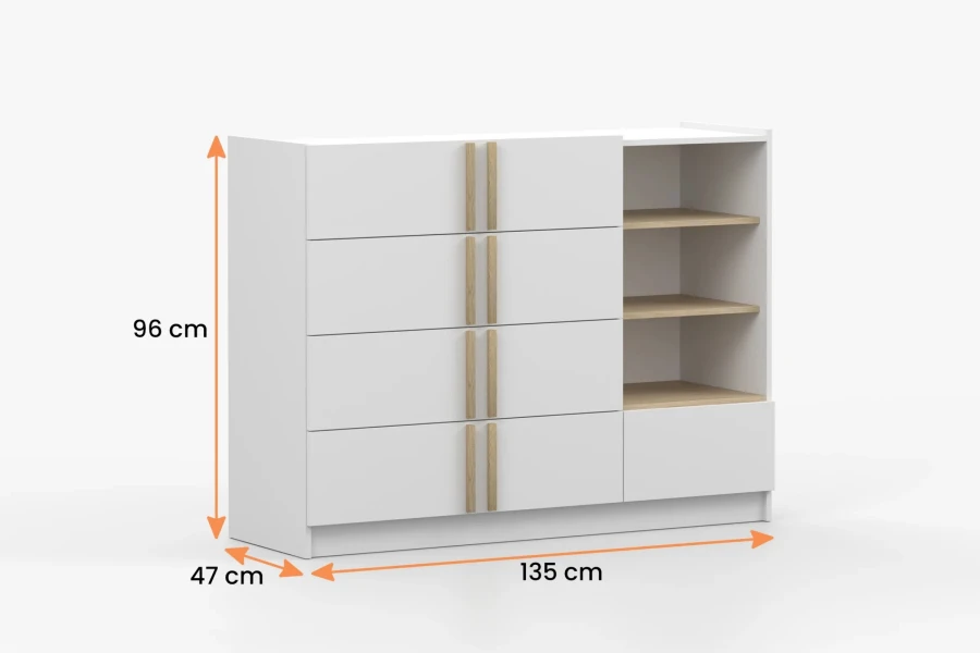 Maße der weißen Kommode: 135x96x47 cm, mit 4 Schubladen und Holzgriffen.