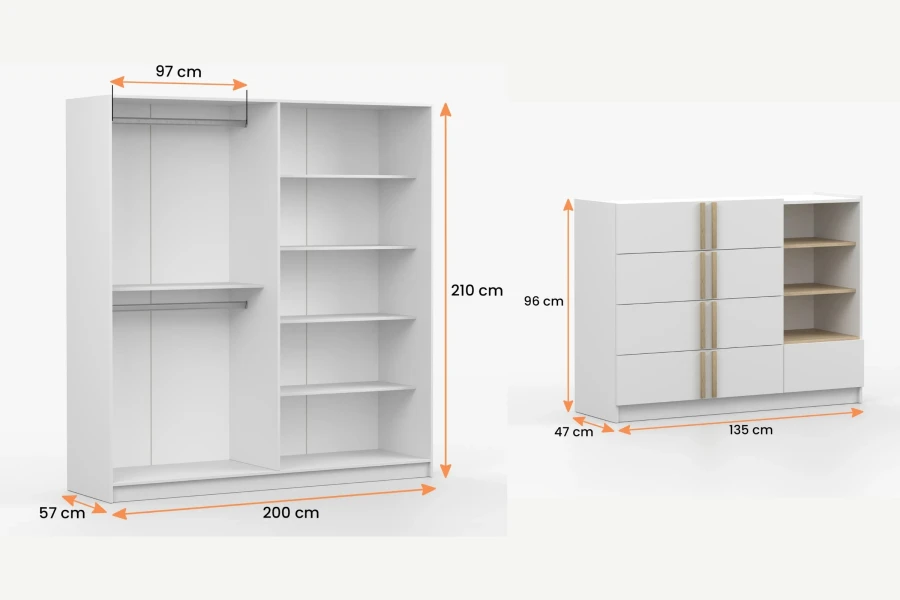 Abmessungen für Kleiderschrank und Kommode weiß, praktische Übersicht der Möbelmaße.