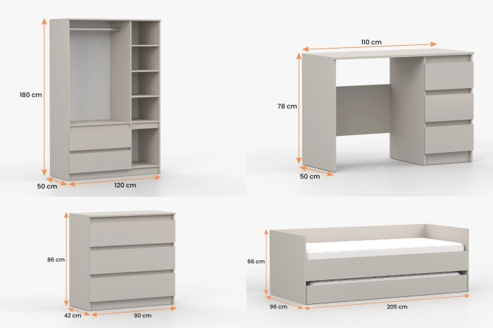 Maßangaben für Simo Möbel: Kleiderschrank, Schreibtisch, Kommode und ausziehbares Bett in Beige.
