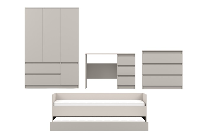 4-teiliges Jugendzimmer-Set Simo in Beige mit Bett, Kleiderschrank, Schreibtisch und Kommode.