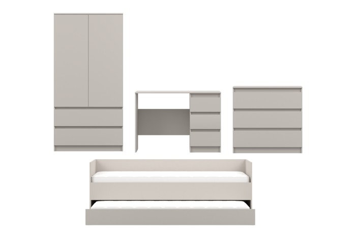 4-teiliges Jugendzimmer-Möbelset in Beige: Schrank, Schreibtisch, Kommode, Bett.