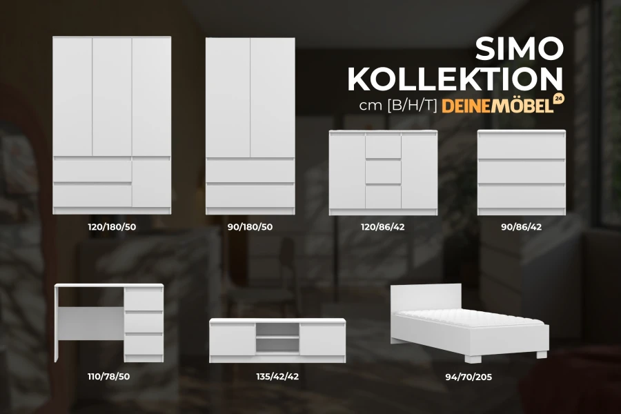 SIMO Kollektion: Übersicht weißer Jugendmöbel mit Maßen für Kleiderschrank, Kommode und Bett.