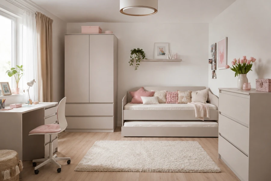 Hell eingerichtetes Kinderzimmer für Mädchen mit beigen SIMO Möbeln und rosa Dekoration.