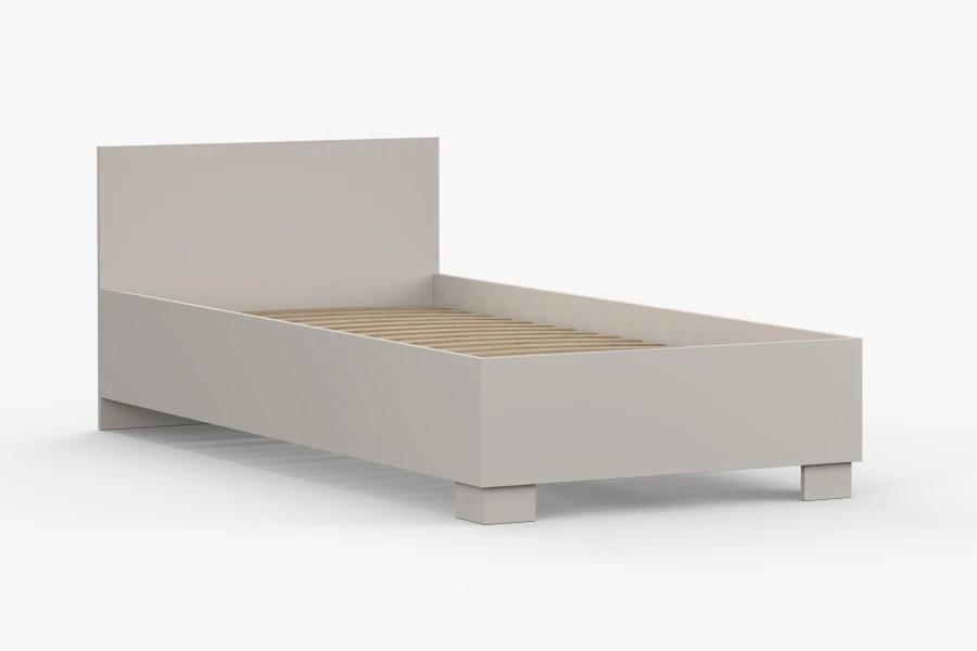 Stabiles graues Bettgestell mit Holz-Lattenrost für ein 90x200 cm Einzelbett.