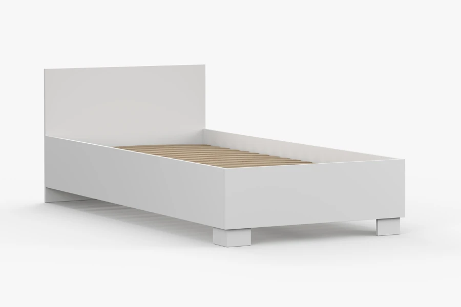 Weißes Bettgestell mit Lattenrost aus Holz in modernem, schlichtem Design.