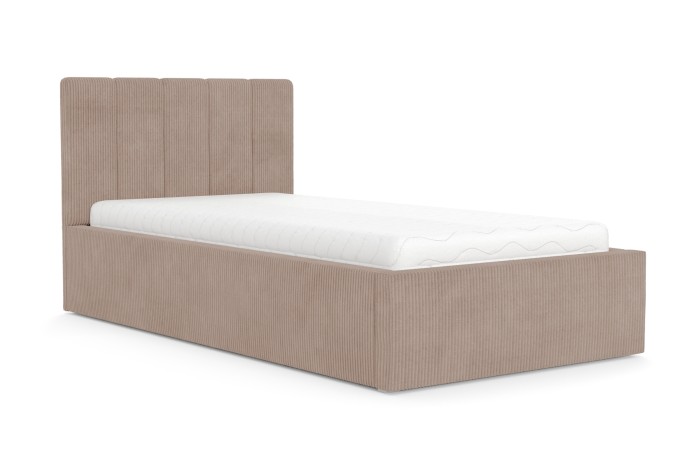 Modernes Polsterbett in Beige aus Cord-Stoff mit Matratze, Seitenansicht.