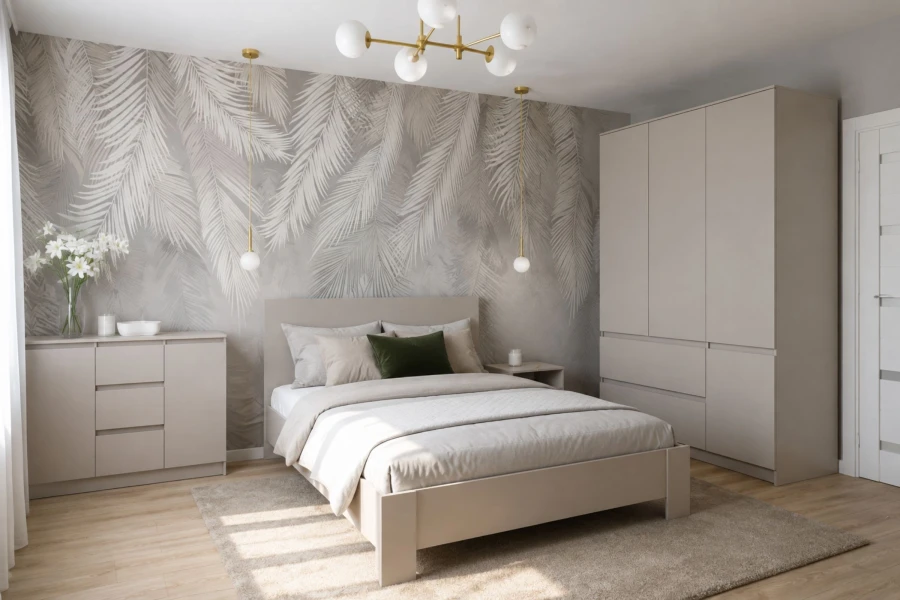 Modernes Schlafzimmer-Set in Beige mit Kleiderschrank, Bett und Kommode.