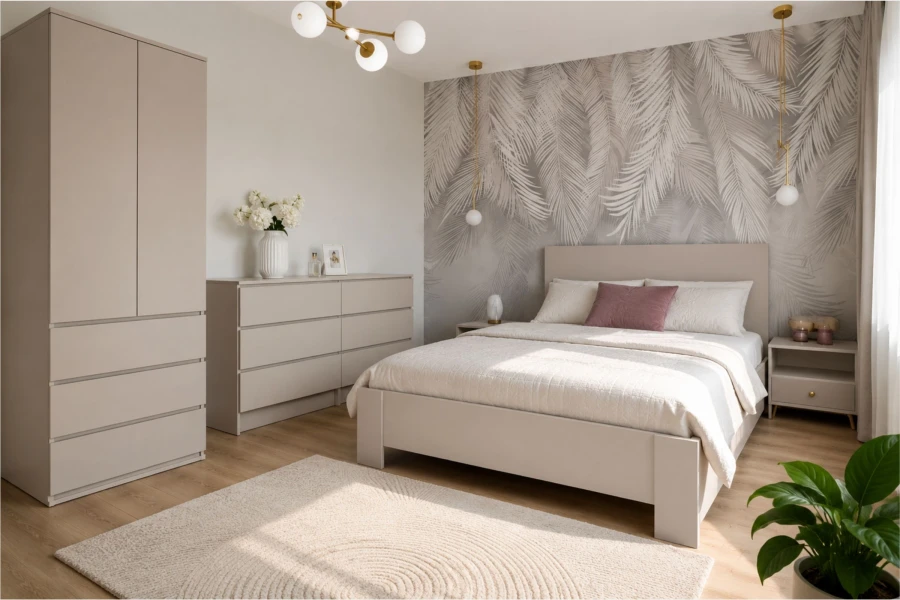 Elegantes Schlafzimmer-Set bestehend aus Bett, Kommode und Kleiderschrank.