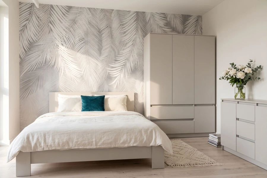 Stilvolles Schlafzimmer-Design mit hellen Möbeln und Palmen-Tapete.