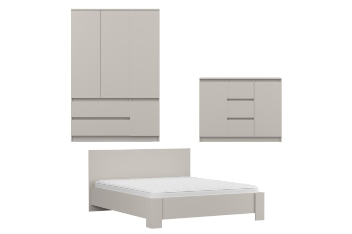 Schlafzimmer-Möbelset in Beige: Kleiderschrank, Kommode und Doppelbett.