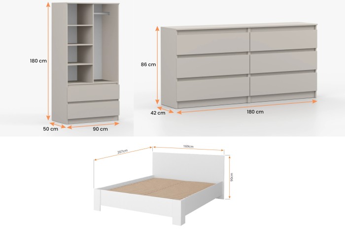 Maßskizze für Schlafzimmermöbel: Höhe, Breite und Tiefe von Schrank, Kommode und Bettgestell.