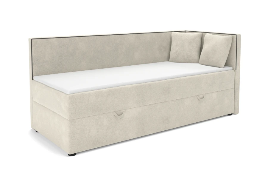 Beiges Gina Kindersofa mit zwei Kissen, moderne Ansicht von rechts.